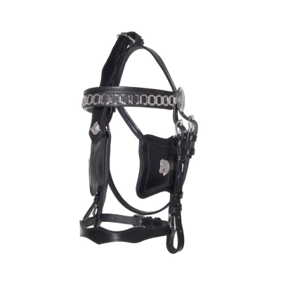 Cabresto de cavalo em couro preto com detalhes metálicos