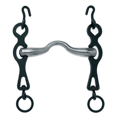 Freio de cavalo metálico com partes pretas e prateadas, com argolas e ganchos