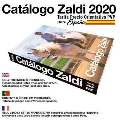 Catálogo Zaldi 2020 com cavaleiro e cavalo na capa e texto multilingue sobre preços.