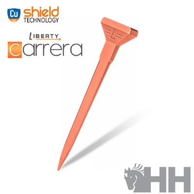 Taco de golfe alaranjado com letra E e texto promocional