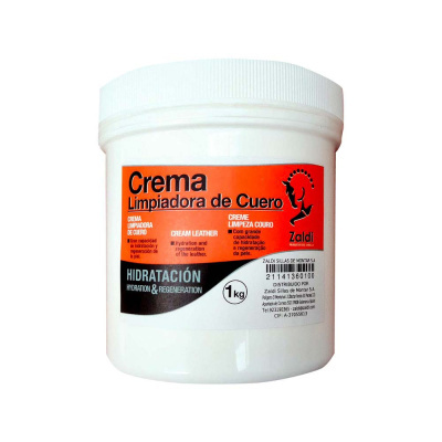 Embalagem branca de creme para limpeza de couro com rótulo alaranjado e preto