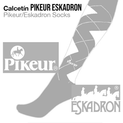 Meia comprida cinza com padrão e logos de Pikeur e Eskadron