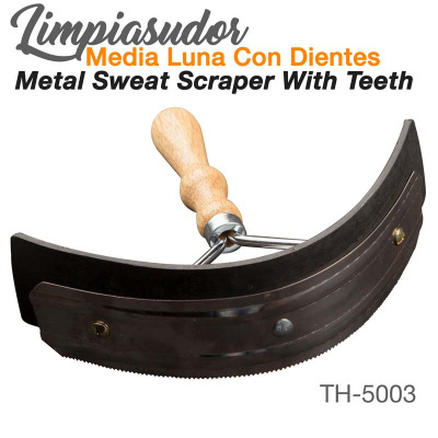 Raspador de suor metálico com dentes e cabo de madeira