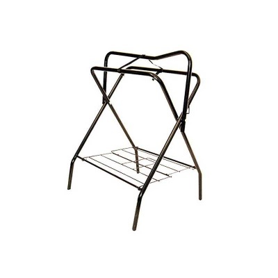 Suporte em metal pintado de negro com prateleira inferior, design tubular simples.