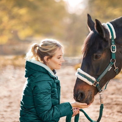 Mulher com casaco verde a tocar cavalo castanho com cabresto verde
