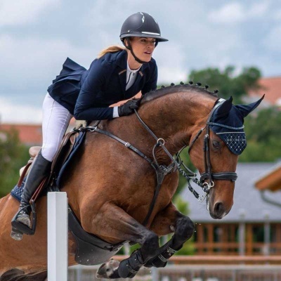 Cavaleira e cavalo castanho a saltar obstáculo em competição de equitação