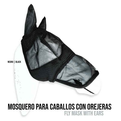 Máscara mosquiteira preta para cavalos com orelhas
