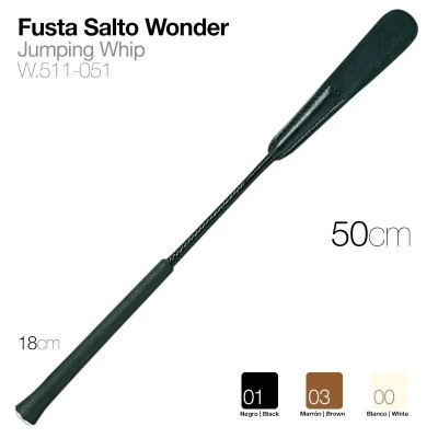 Fusta preta com cabo texturizado e pega lisa, 50 cm, com texto 'Fusta Salto Wonder Jumping Whip W.511-051'