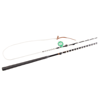 Vara de pesca branca com cabo preto e linha branca num fundo branco