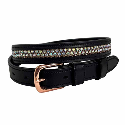 Cinto preto com fivela dourada e pedras brilhantes multicoloridas