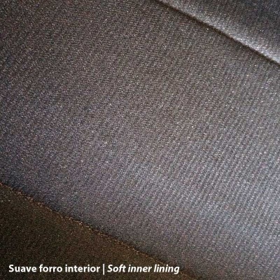 Forro interior macio castanho com textura e texto explicativo