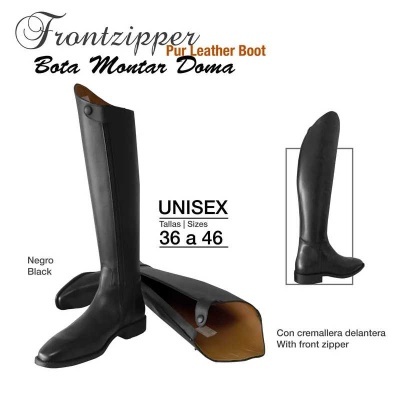 Botas altas unissexo de couro preto com fecho de correr frontal