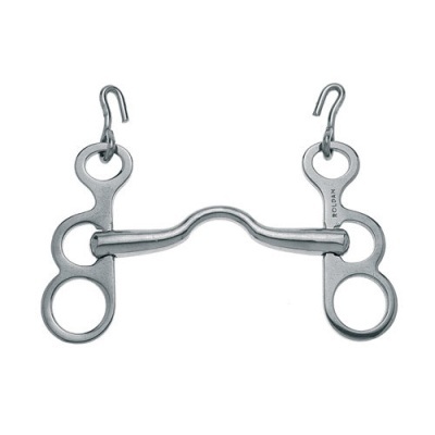 Freio metálico prateado com argolas e barra curva central