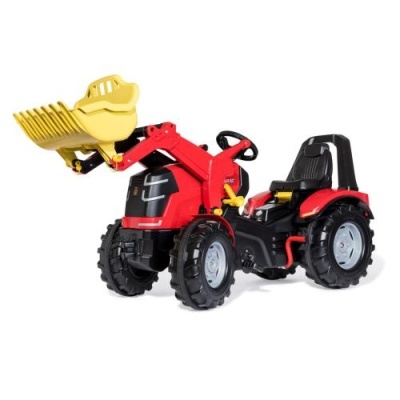 Brinquedo de trator infantil vermelho com balde amarelo e pneus pretos