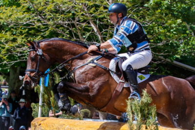Cavaleiro a saltar obstáculo em evento equestre ao ar livre