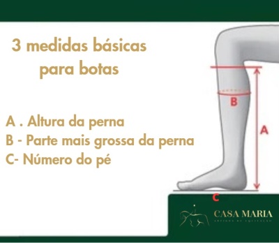 Ilustração de uma perna com medidas para botas e texto explicativo em português