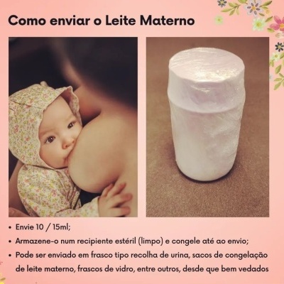 Instruções visuais e textuais sobre envio de leite materno com imagem de bebé a mamar e frasco branco embrulhado