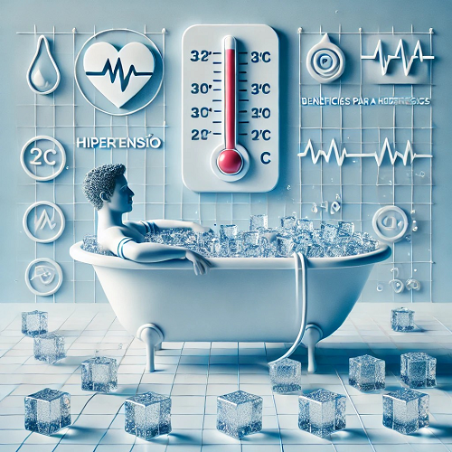 Figura masculina numa banheira vintage rodeada de gelo com símbolos médicos e termómetro na parede branca