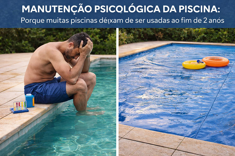 Homem sentado na borda de piscina com kit de teste de água e piscina coberta com lona azul e boias