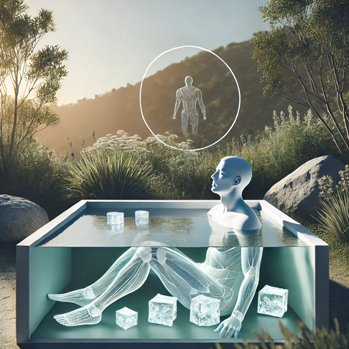 Figura humana translúcida em tanque transparente com cubos de gelo ao ar livre