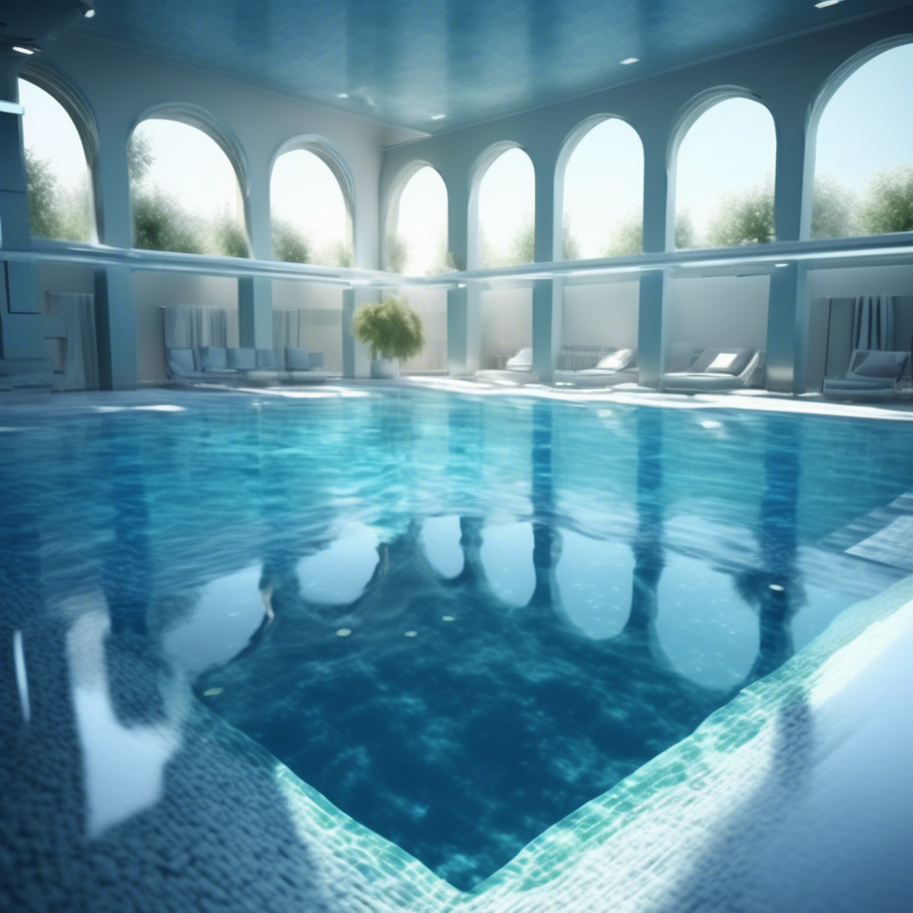 Piscina interior ampla com arcos grandes e espreguiçadeiras brancas