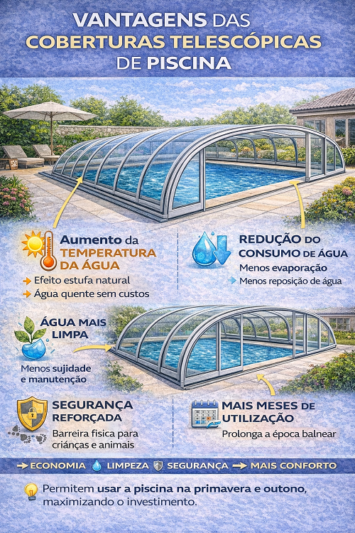 Cobertura telescópica metálica transparente para piscina num terraço junto a uma casa