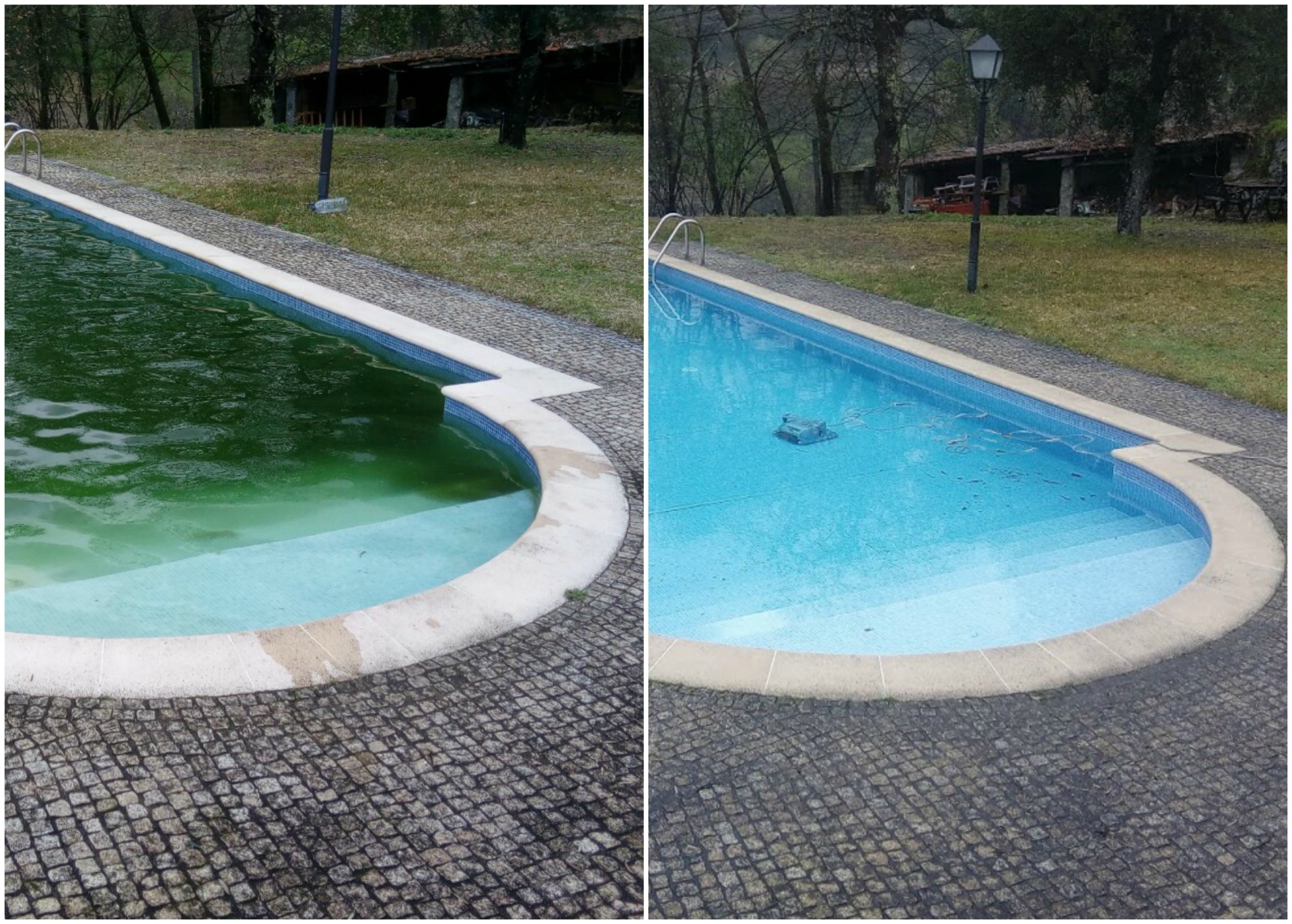 Piscina ao ar livre com borda branca e piso de pedras, água verde e azul em lados diferentes.