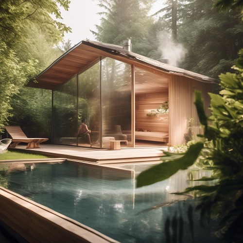 Casa de sauna pequena em madeira clara com paredes de vidro e piscina ao lado