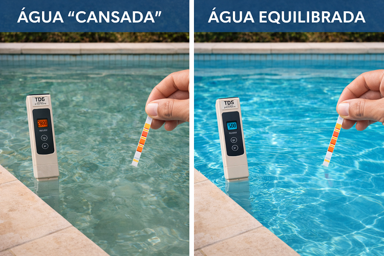 Comparação entre água cansada e água equilibrada em piscinas com medidores TDS e tiras de teste