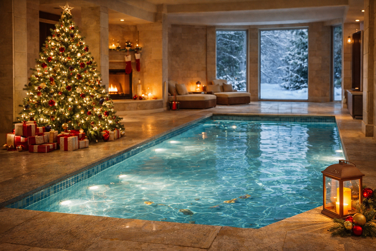 Piscina interior com decoração de Natal incluindo árvore, presentes, lareira e lanterna