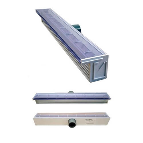 Cascata Residencial em ABS – Silkflow Ralo linear metálico cinza com tampa larga e saída de escoamento