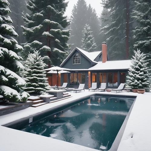 Piscina exterior com neve ao redor e casa cinzenta ao fundo cercada por árvores nevadas