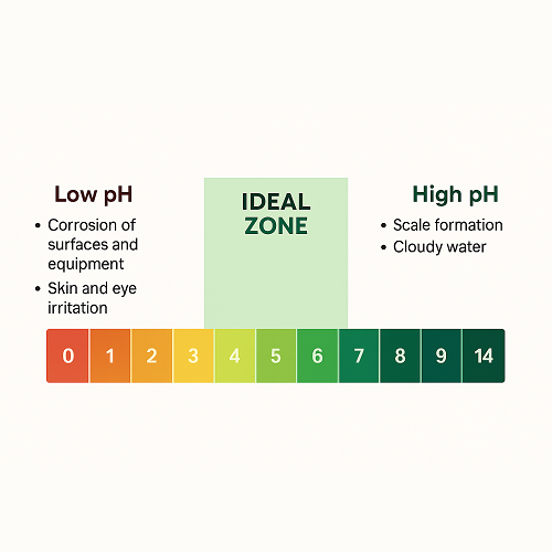 Escala de pH colorida mostrando zona ideal entre 4 e 6, com informações sobre riscos de baixo e alto pH