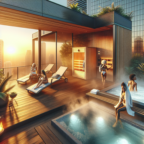 Espaço de lazer exterior com espreguiçadeiras, piscinas e sauna em ambiente urbano moderno