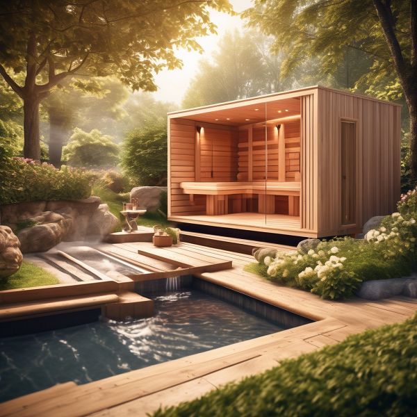 Sauna de madeira moderna junto a piscina e jardim verde