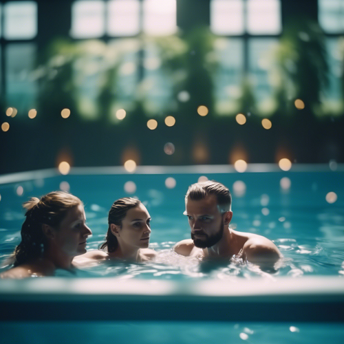 Três pessoas em piscina interior com janelas grandes e luzes decorativas