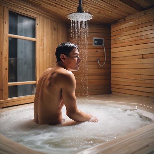 Homem em banheira de madeira com espuma e chuveiro de teto de água a cair