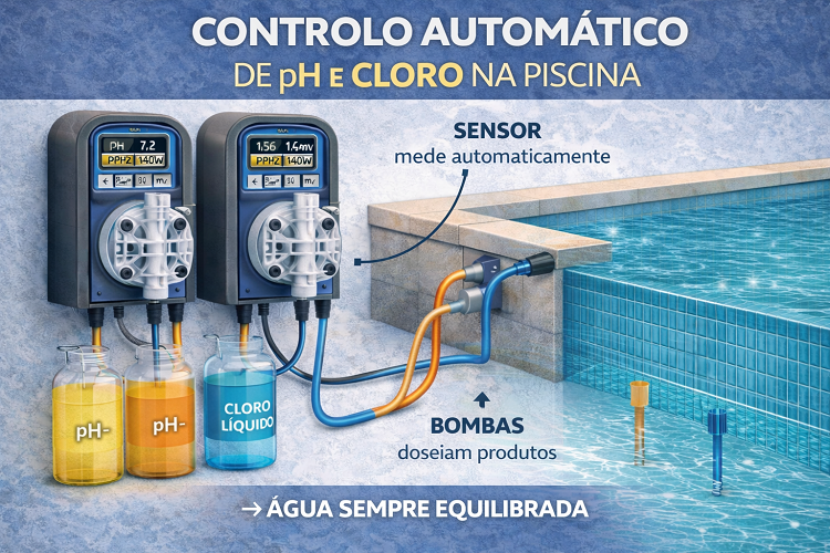 Sistema de controlo automático de pH e cloro em piscina com dispositivos digitais e conectores tubulares.