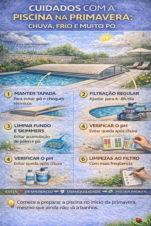 Imagem infográfica com passos para cuidados com piscina na primavera em português.