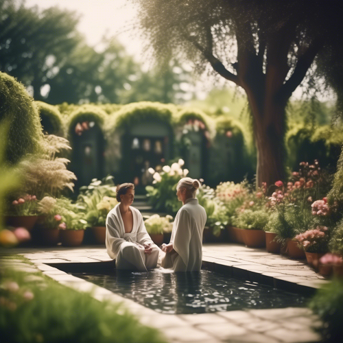 Duas pessoas com robes brancos à beira de uma piscina rodeada por flores e plantas num jardim
