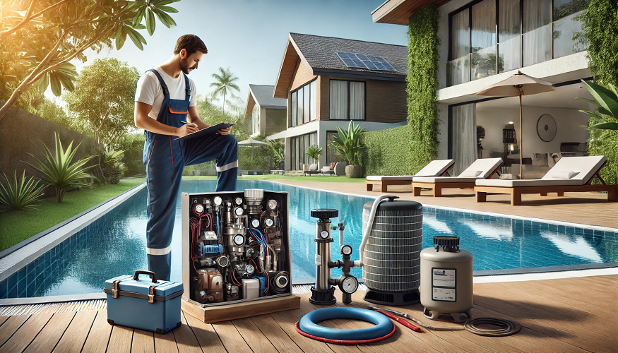 Técnico com equipamentos técnicos junto a piscina de casa moderna