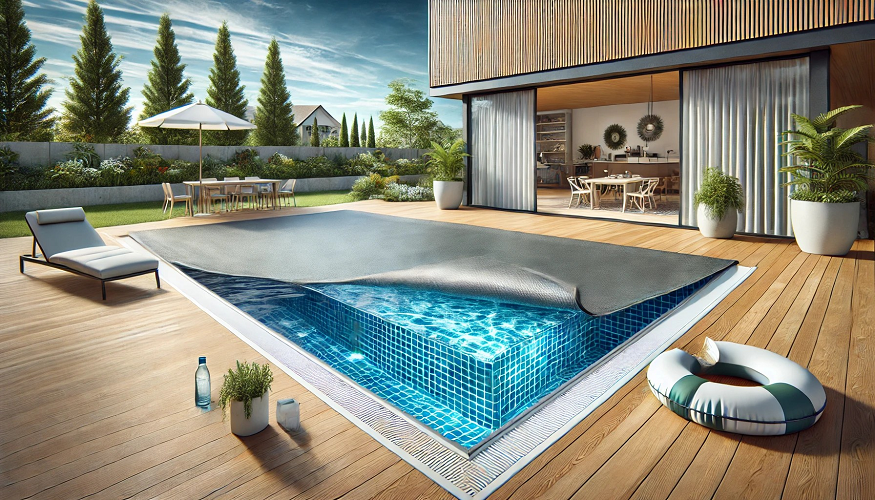 Piscina exterior com lona cinzenta e área de madeira com móveis ao ar livre