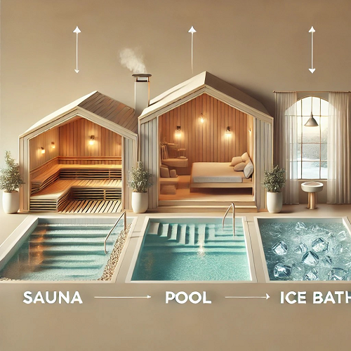 Três áreas lado a lado: sauna em madeira, piscina azul com degraus e piscina com gelo, com etiquetas SAUNA, POOL e ICE BATH