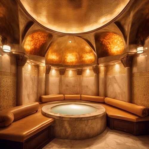 Sala de spa com banheira de mármore e bancos caramelo sob teto dourado