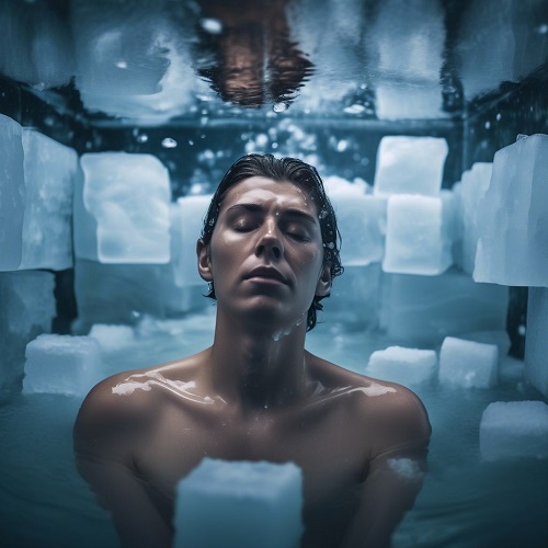 Homem imerso em água rodeado por cubos de gelo