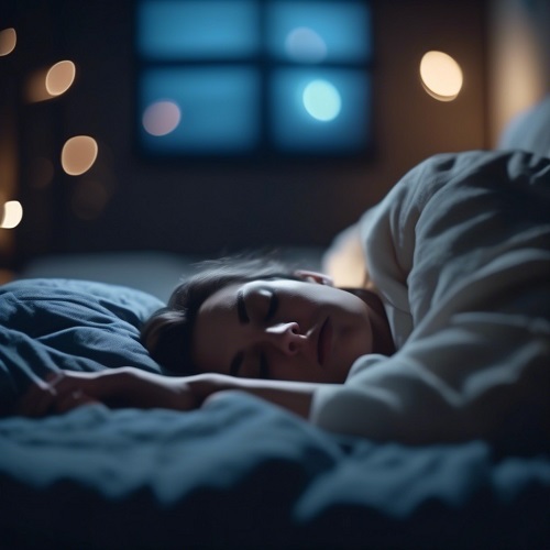 Pessoa a dormir numa cama com lençóis azuis e iluminação ténue