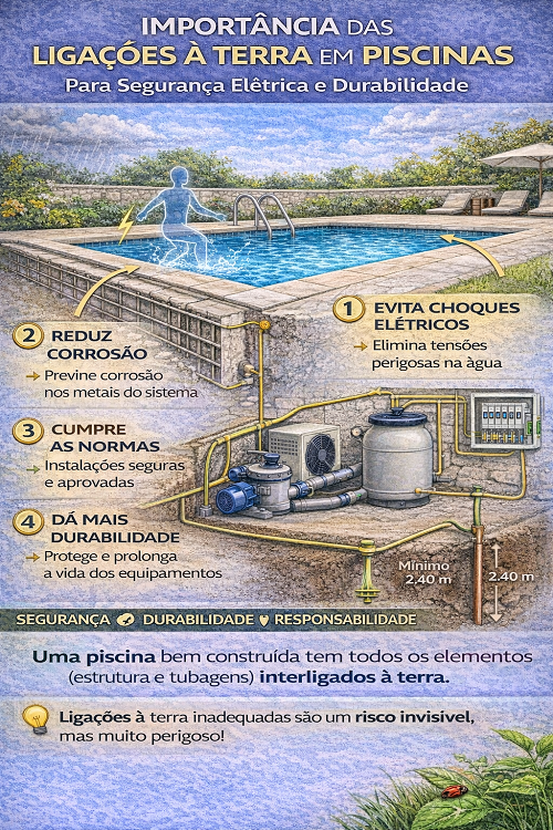 Ilustração informativa sobre ligações à terra em piscinas com piscina azul, tubagens e texto em português.