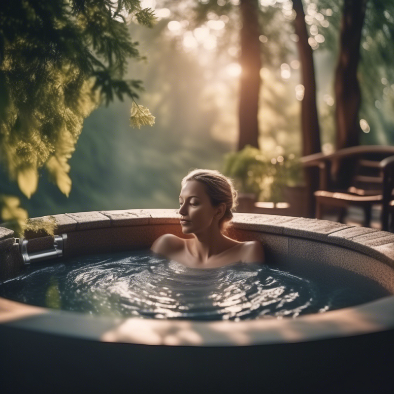 Banheira de hidromassagem redonda exterior com mulher e ambiente natural