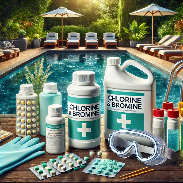 Produtos químicos para piscina e equipamento de proteção numa mesa junto a uma piscina com espreguiçadeiras