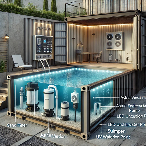 Piscina moderna com sistema de filtros e iluminação em contentor metálico